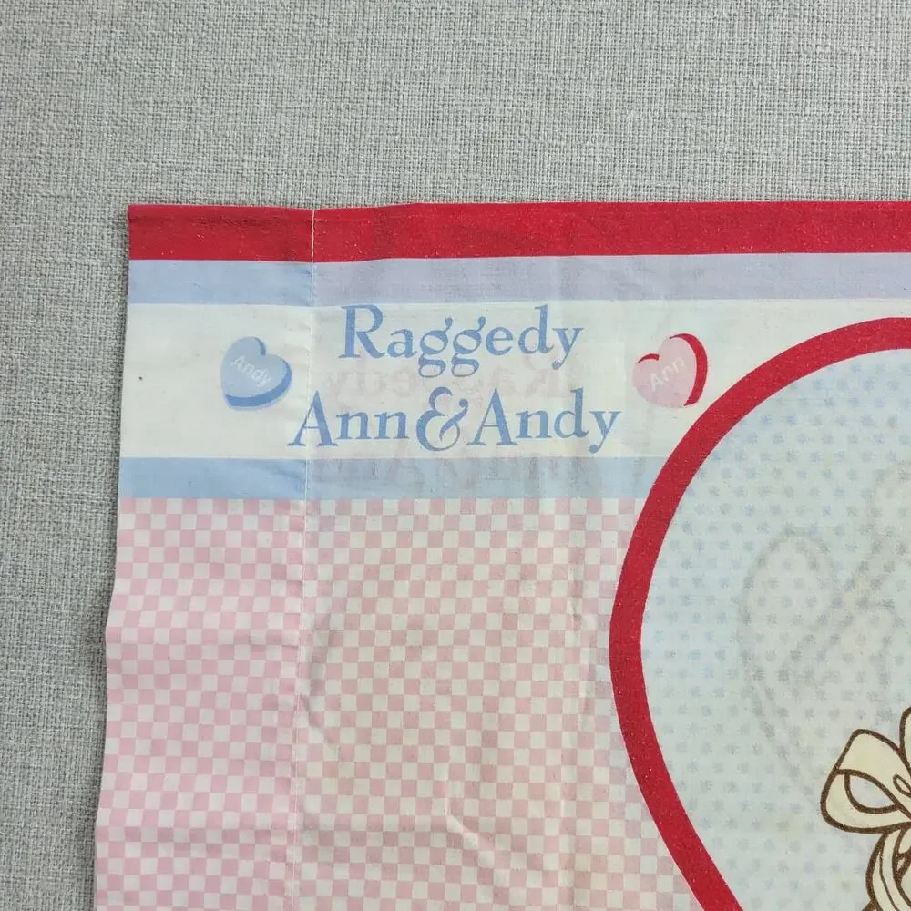 Vintage Raggedy Ann & Andy Pillowcase 29x20 Fabric Panel Red Hearts Gingham